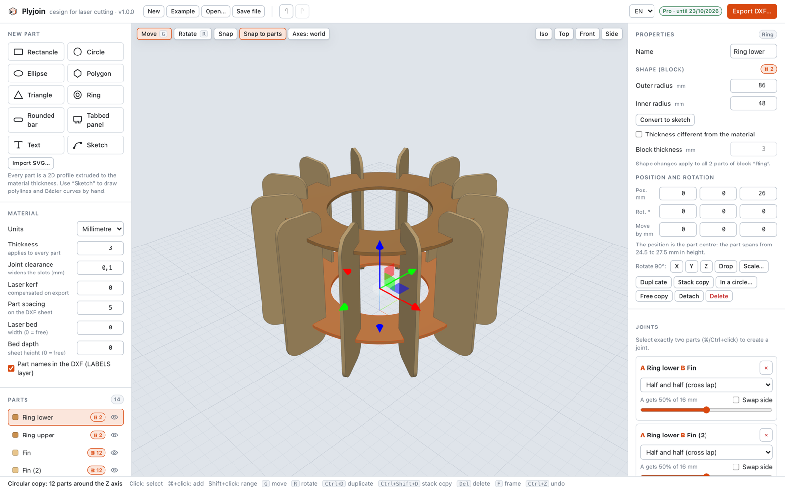 The Plyjoin workspace: shapes on the left, 3D view in the middle, joints on the right