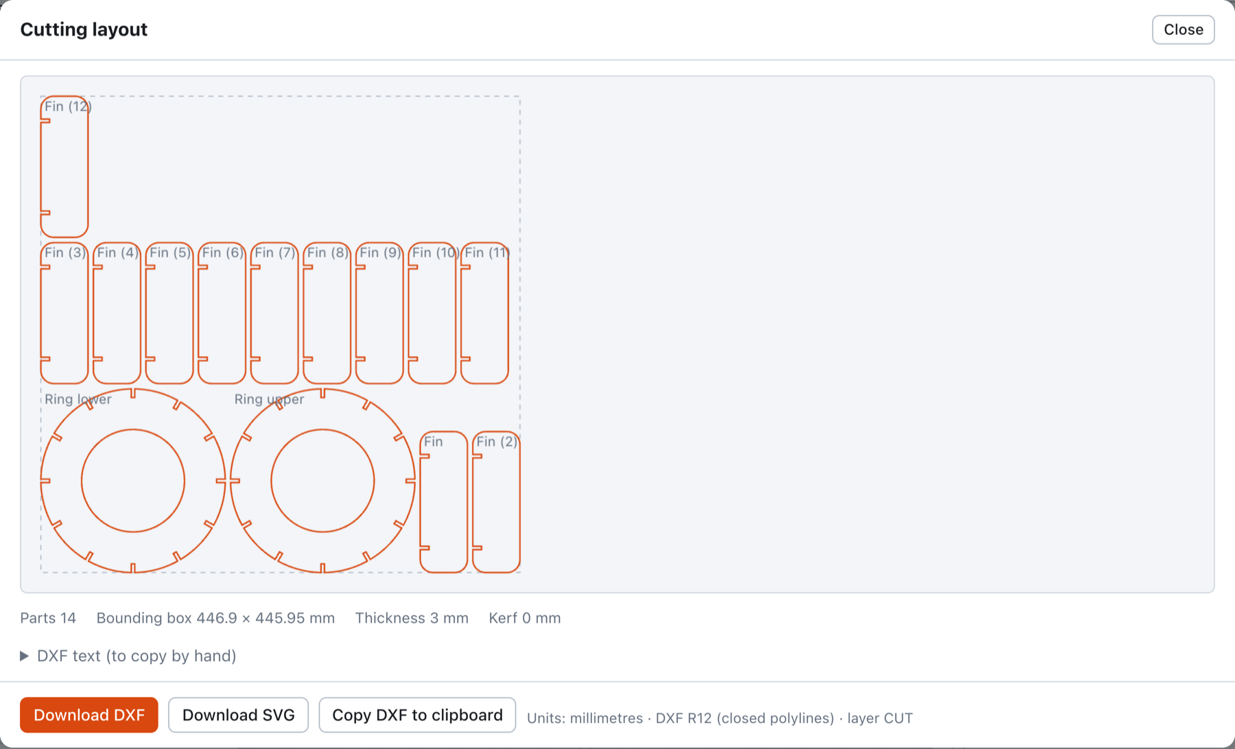 The cutting layout dialog: twelve fins and two slotted rings nested on the sheet, ready to download as DXF
