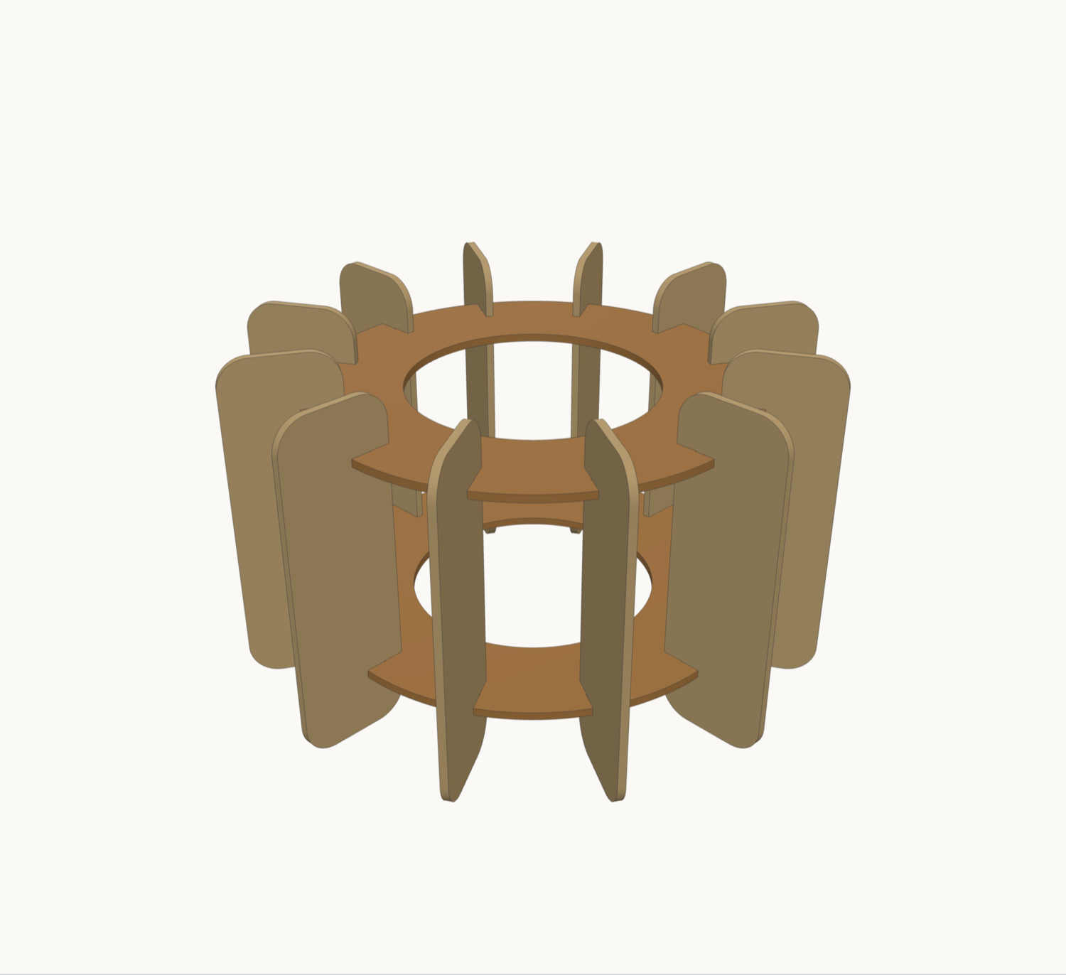 A twelve-fin lamp designed in Plyjoin, with the rings slotted onto the fins